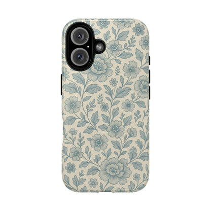 Vintage Blue Floral Tough Case for iPhone - Compatible with MagSafe