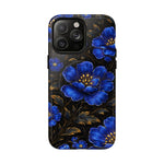 iPhone case size variant with blue floral design and gold leaves on black background