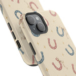 Prairie Horseshoes MagSafe Phone Case, glossy diagonal dual-camera model, camera and side-button close-up