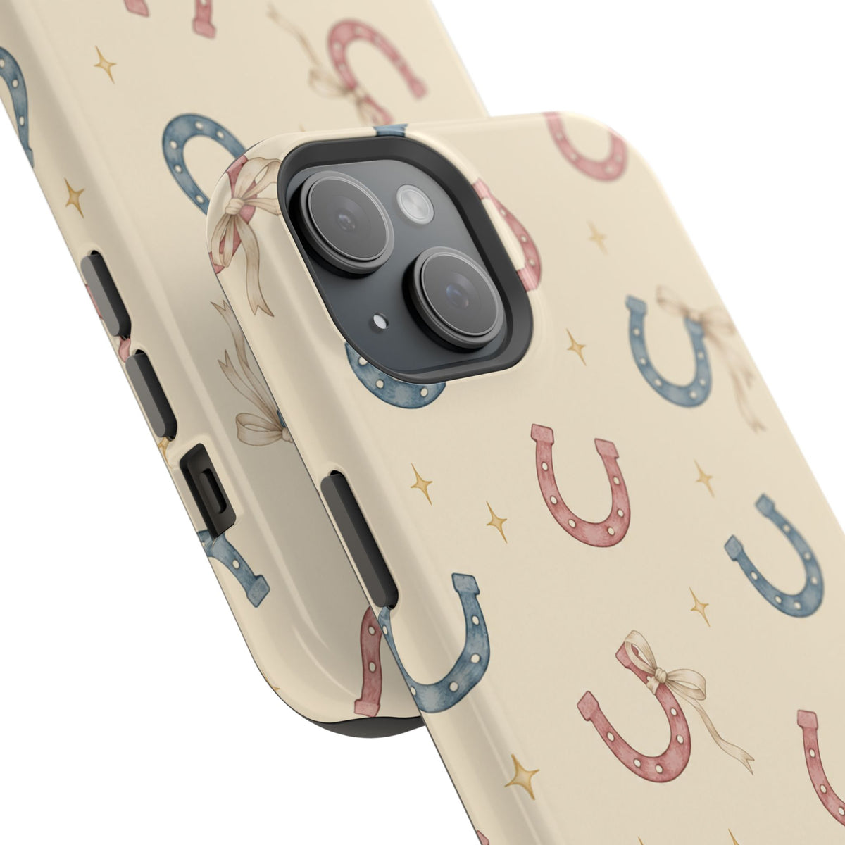 Prairie Horseshoes MagSafe Phone Case, glossy diagonal dual-camera model, camera and side-button close-up