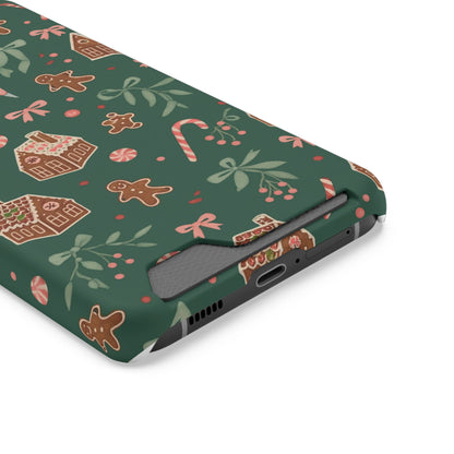 Holiday Gingerbread Phone Case with Card Holder — Festive Green Candy Cane Design