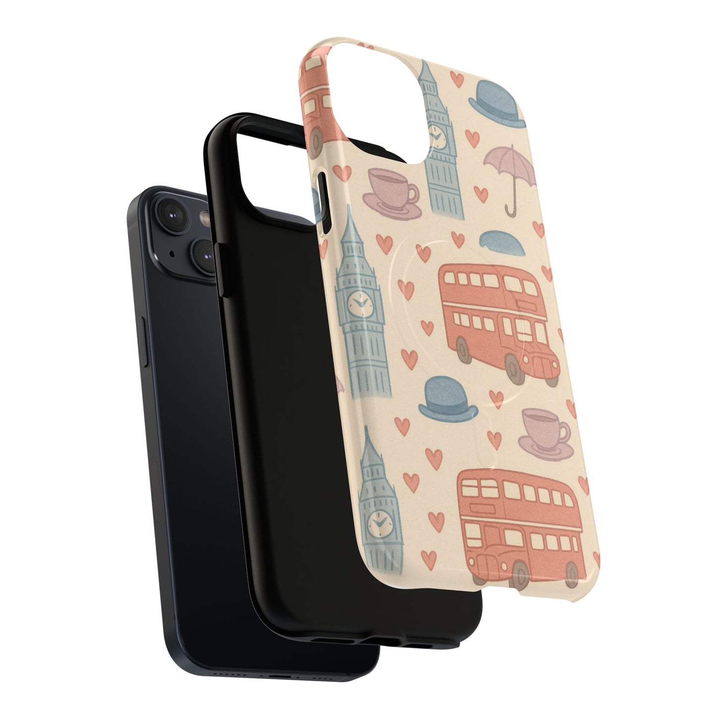 London Icons Hand-Drawn iPhone Case — Cute Double-Decker Bus & Big Ben Pattern with MagSafe compatibility