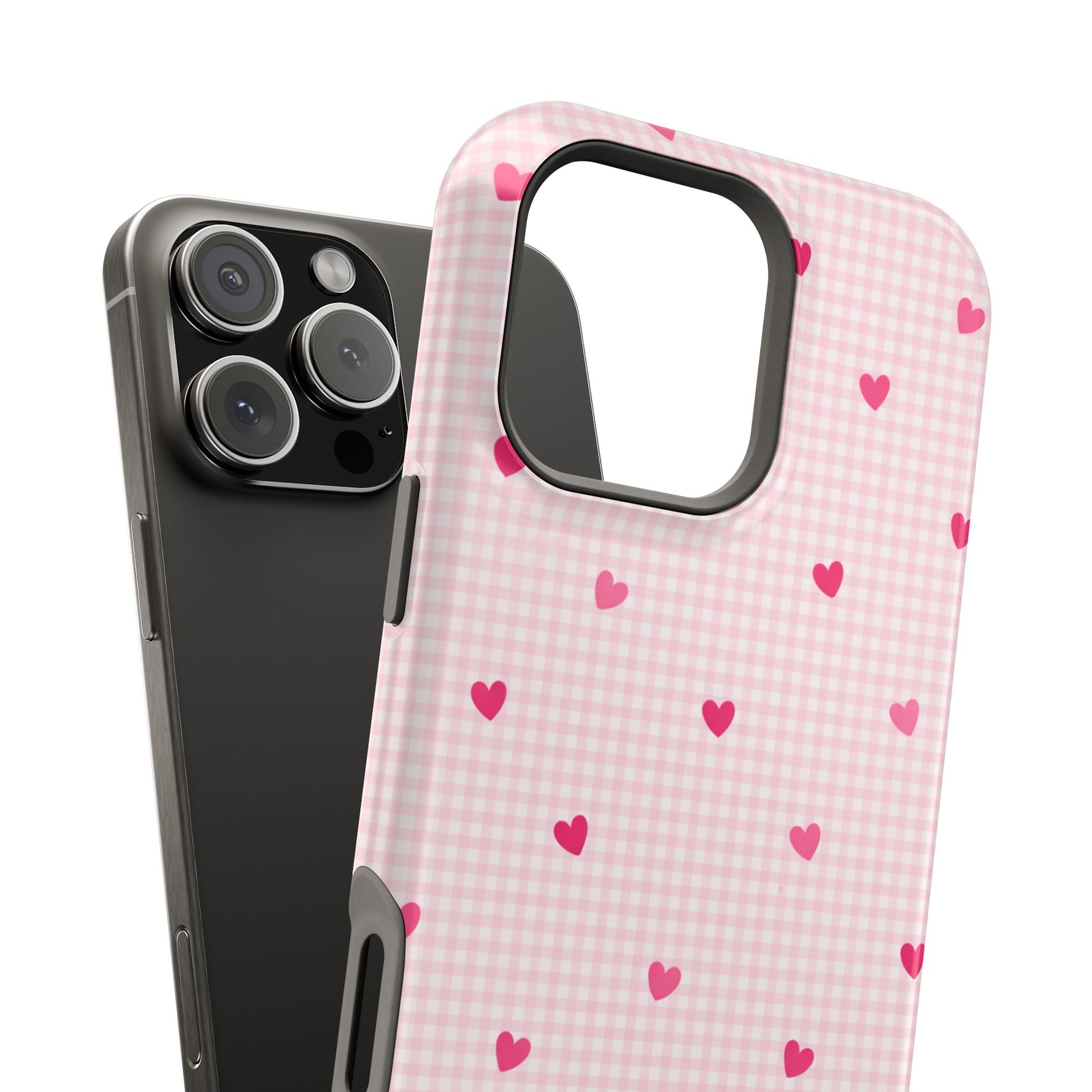 Pink Heart Gingham MagSafe iPhone Case, Impact‑Resistant, Magnetic Protection