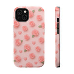 Pink Rose Pattern Impact iPhone Case — Floral Hearts Protective Cover (MagSafe compatible)  Shamo's iPhone 14 / Glossy
