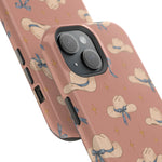 Ribbon Rodeo – Cowgirl Hat and Bow MagSafe Phone Case, Pink, glossy diagonal dual-camera model, camera and side-button close-up