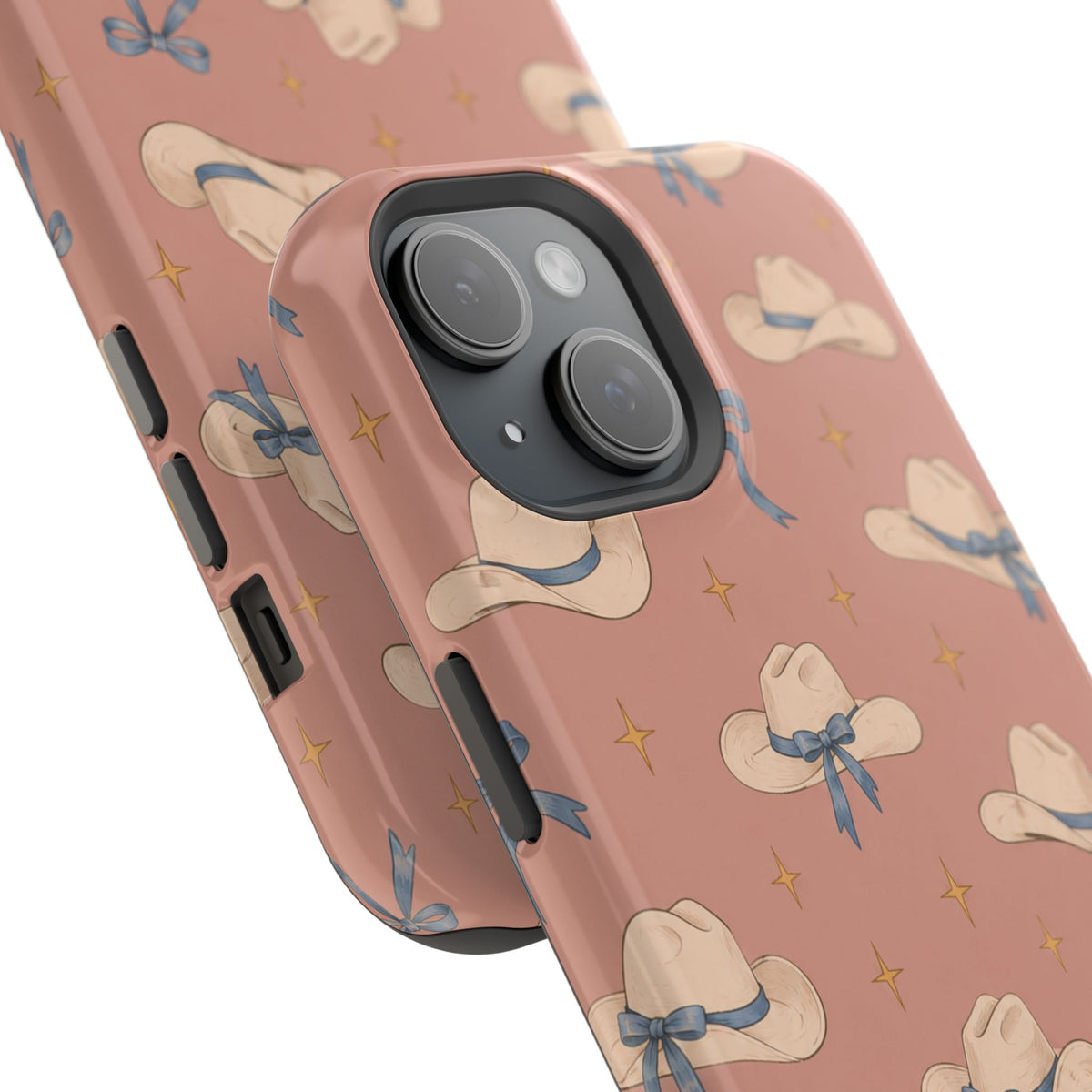 Ribbon Rodeo – Cowgirl Hat and Bow MagSafe Phone Case, Pink, glossy diagonal dual-camera model, camera and side-button close-up