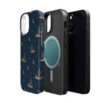 Desert Moon MagSafe Phone Case, glossy diagonal dual-camera model, exploded shell and liner with magnetic ring