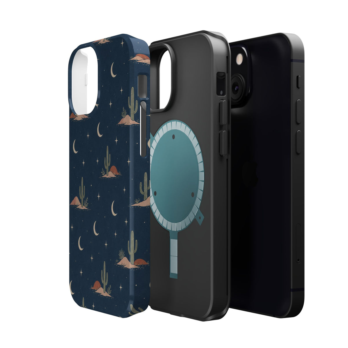 Desert Moon MagSafe Phone Case, glossy diagonal dual-camera model, exploded shell and liner with magnetic ring