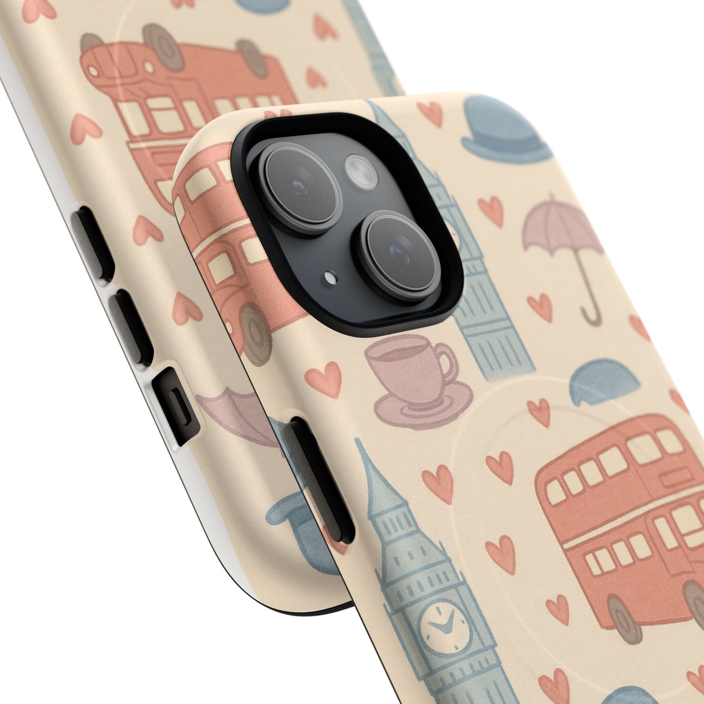 London Icons Hand-Drawn iPhone Case — Cute Double-Decker Bus & Big Ben Pattern with MagSafe compatibility
