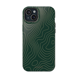 Dark green phone case with fine pale green topographic contour lines