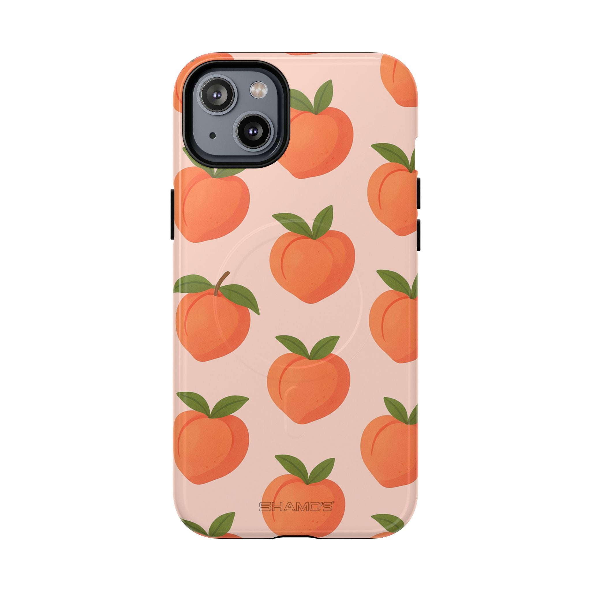 Back view of a phone case with orange peaches and green leaves on pale pink #iphone-14-plus