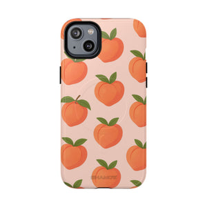 Back view of a phone case with orange peaches and green leaves on pale pink #iphone-14-plus