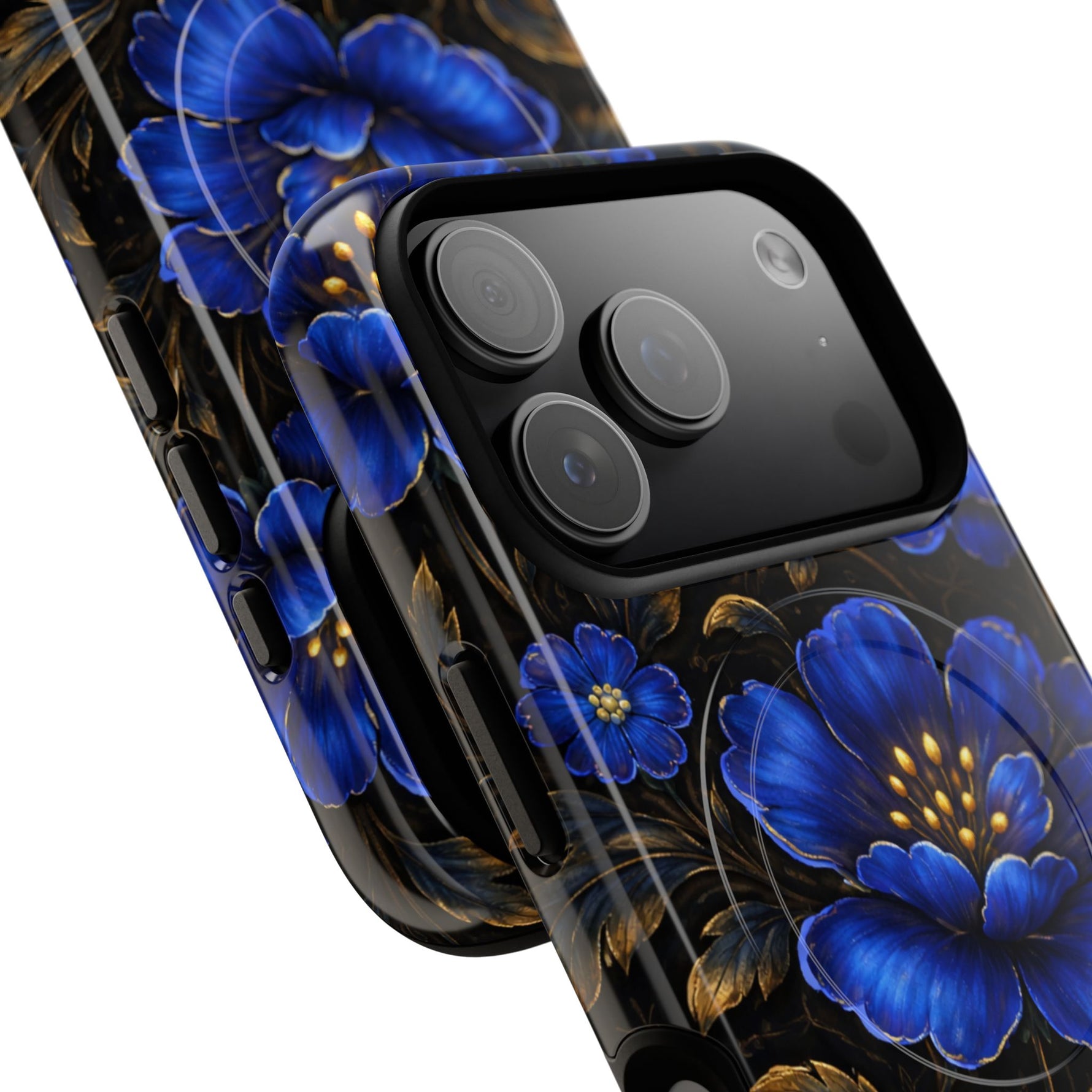 Close-up of two iPhone cases with blue floral design, showing variant sizes and camera cutouts