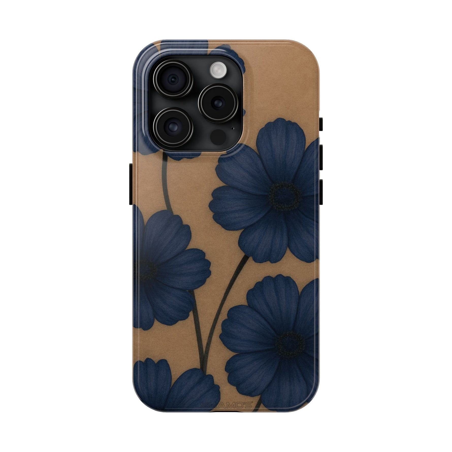 Navy Floral Tough Phone Case — Durable Protective Case with Blue Flowers on Kraft Background