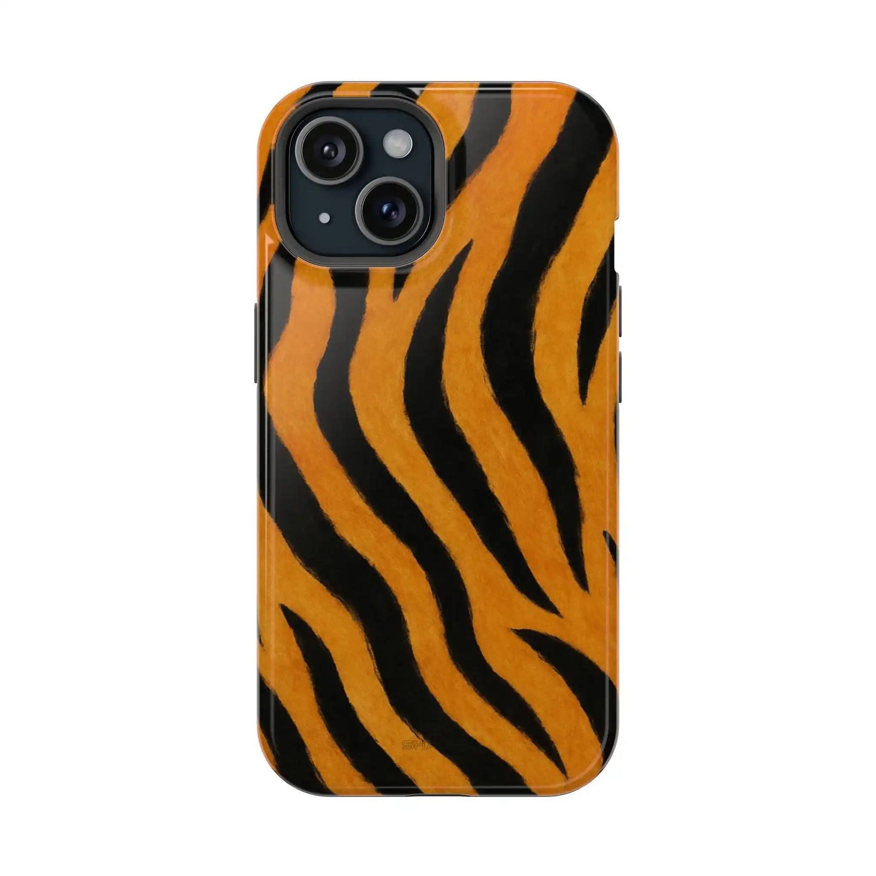 Close-up of tiger print pattern hard phone case for iPhone 13 size variant