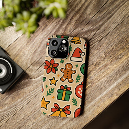 Holiday Pattern Slim iPhone Case — Gingerbread, Santa Hat & Gifts Holiday Design