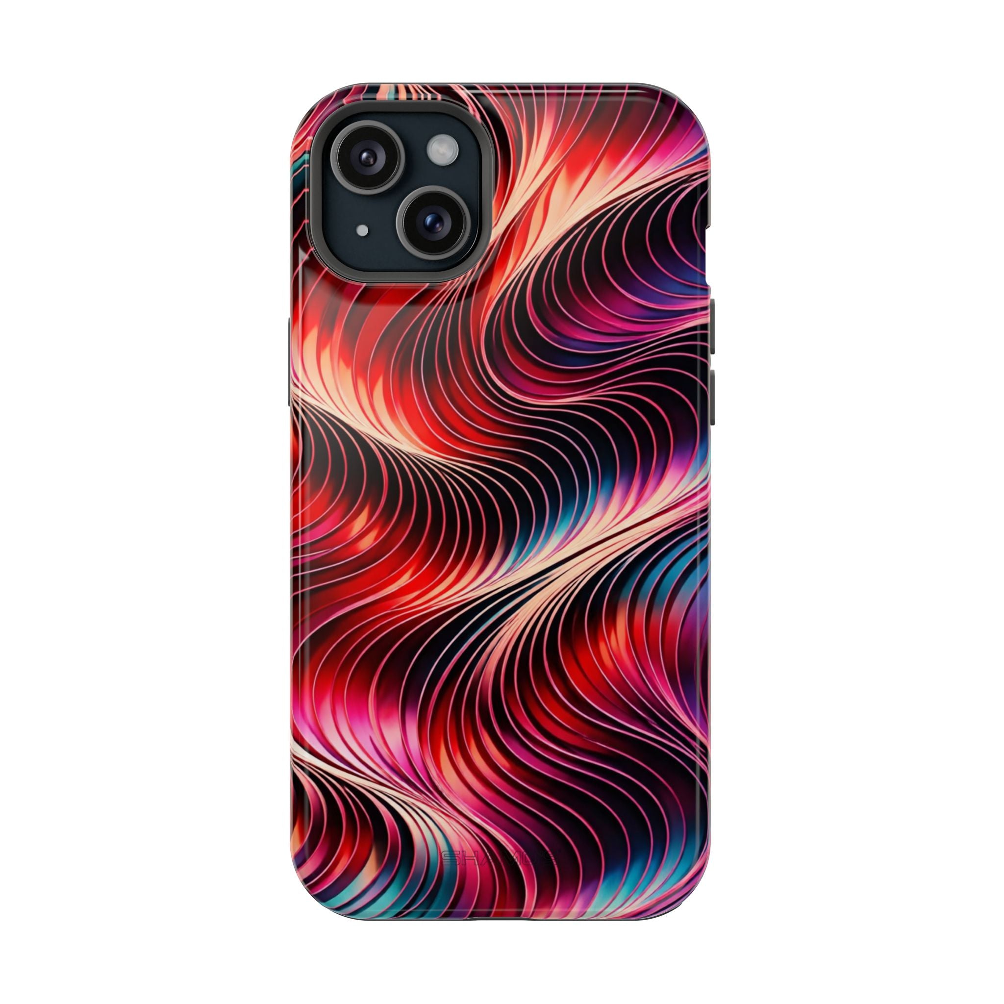 Phone case with flowing red, pink, purple, and blue lines on a black background
