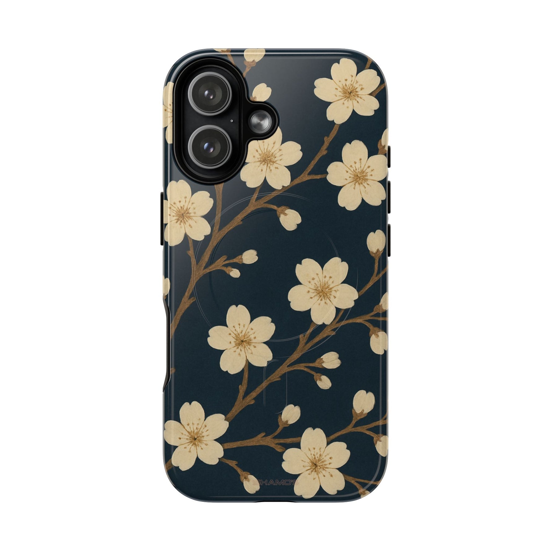 Navy Cherry Blossom Floral iPhone Case - Compatible with MagSafe