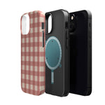 Prairie Gingham MagSafe Phone Case, glossy diagonal dual-camera model, exploded shell and liner with magnetic ring