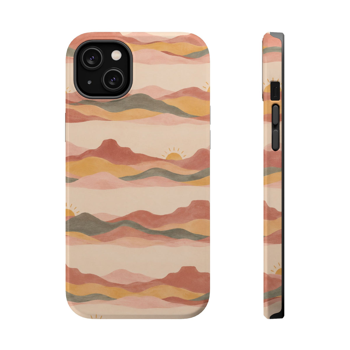 Sunset Trails – Desert Landscape MagSafe Phone Case, glossy iPhone 14 Plus, rear and side profile