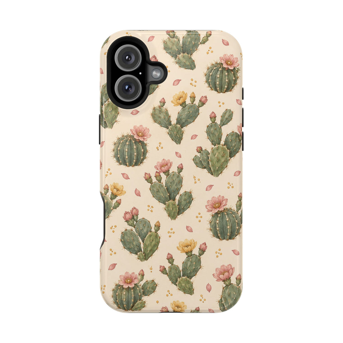 Cactus Bloom – Sage Green Floral Cactus MagSafe Phone Case, glossy iPhone 16 Plus, rear view