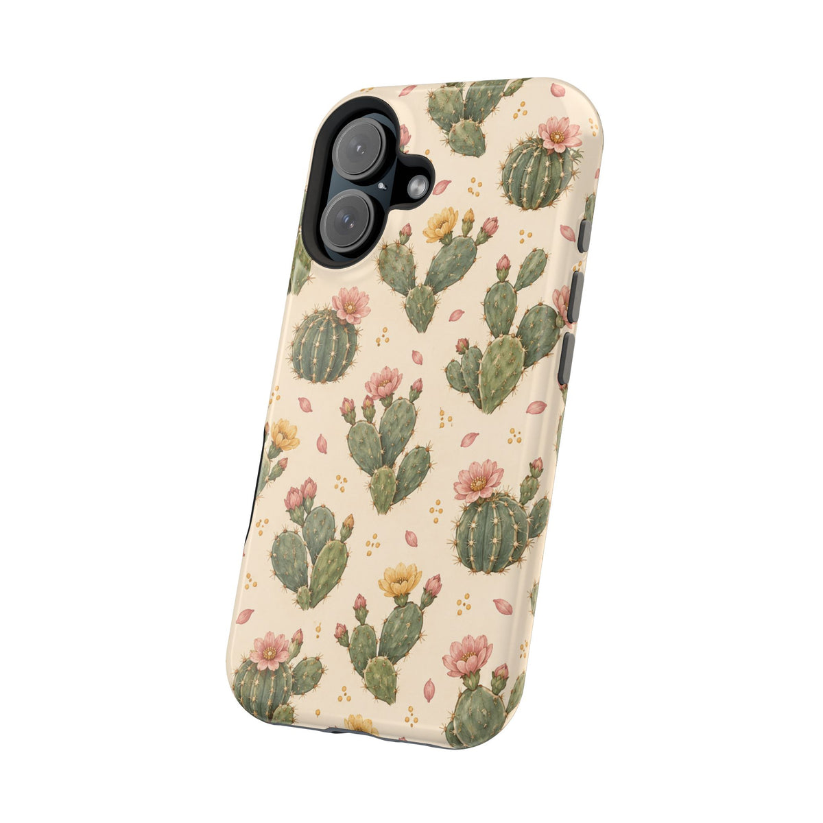 Cactus Bloom – Sage Green Floral Cactus MagSafe Phone Case, glossy vertical dual-camera model, angled rear view