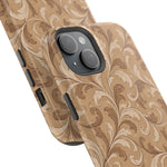 Saddle Scrolls – Tan Western Scrollwork MagSafe Phone Case, glossy diagonal dual-camera model, camera and side-button close-up