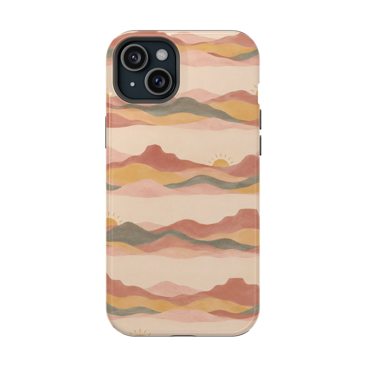 Sunset Trails – Desert Landscape MagSafe Phone Case, glossy iPhone 15 Plus, rear view