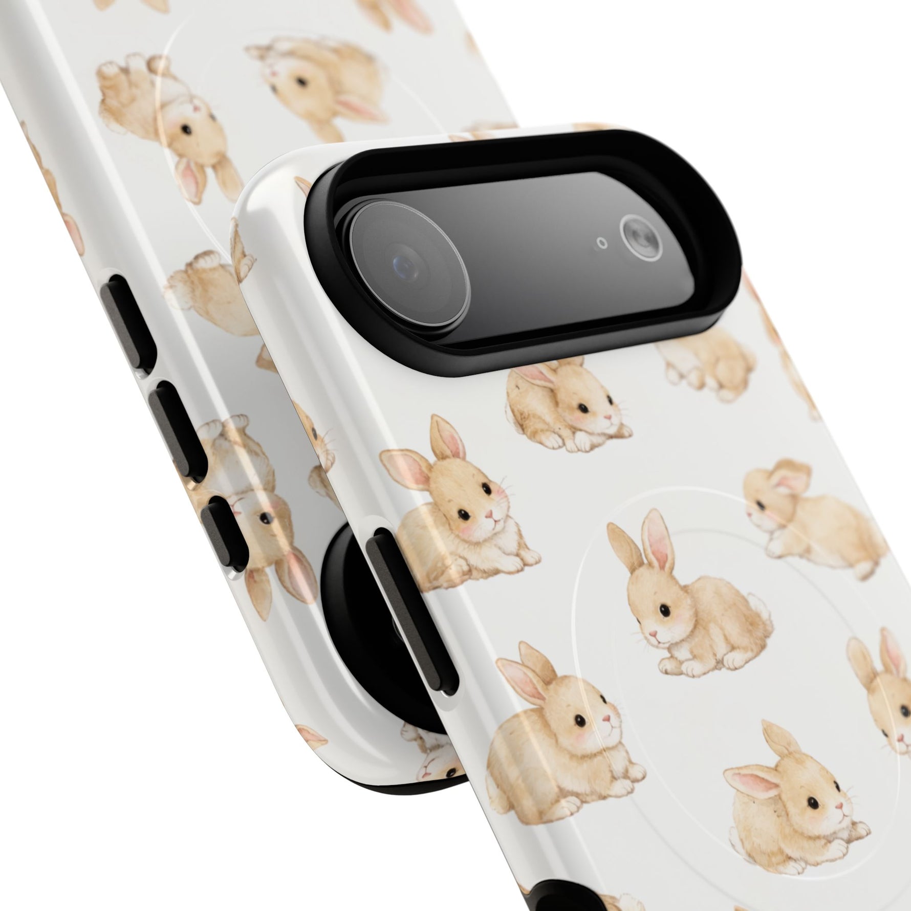 Two white phone cases with cute brown bunny pattern, shown in different sizes with camera cutouts