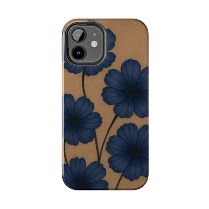 Navy Floral Tough iPhone Case — Durable Protective Case with Blue Flowers on Kraft Background