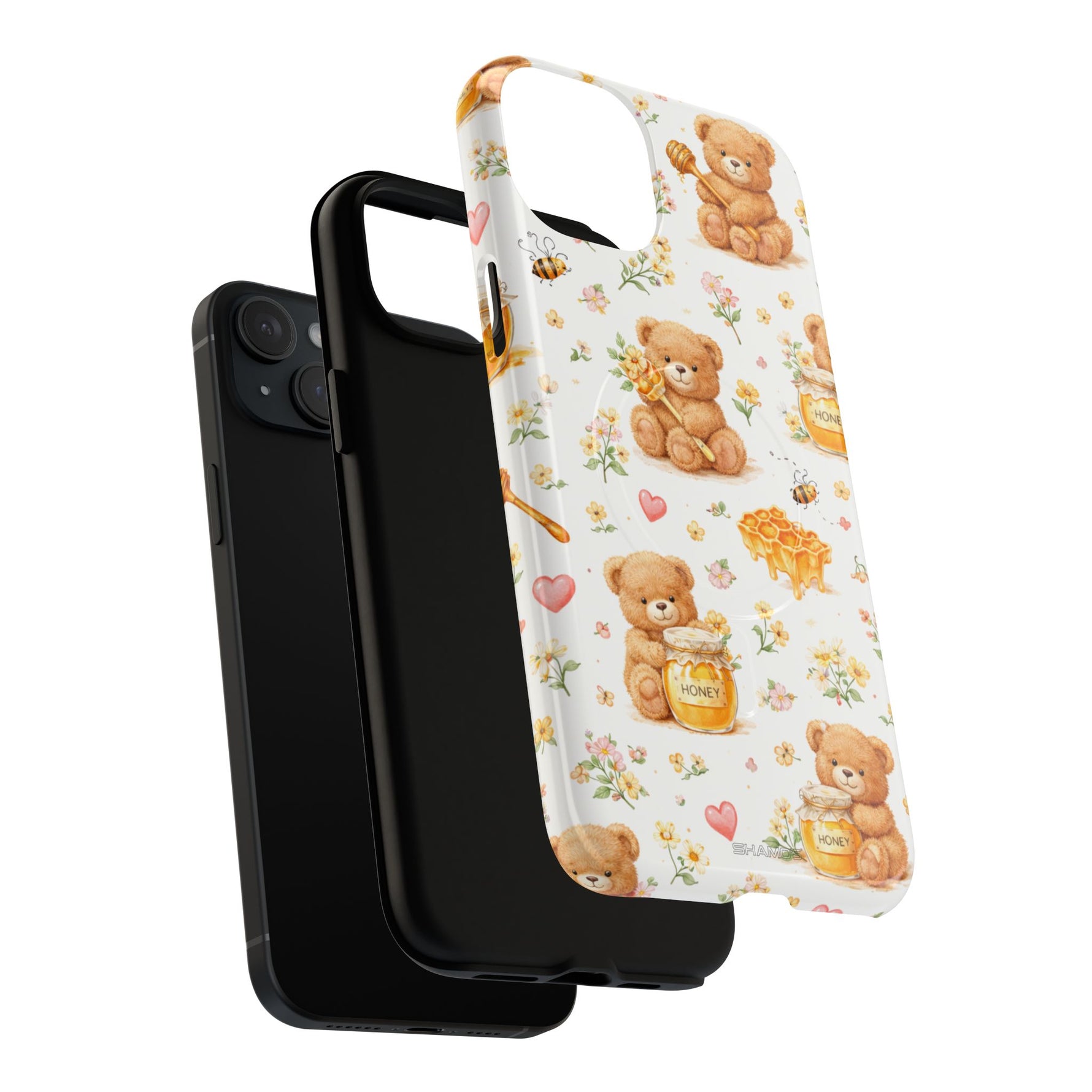 Honey Teddy Bear iPhone Case — Yellow Bee & Honey Pot Design with MagSafe