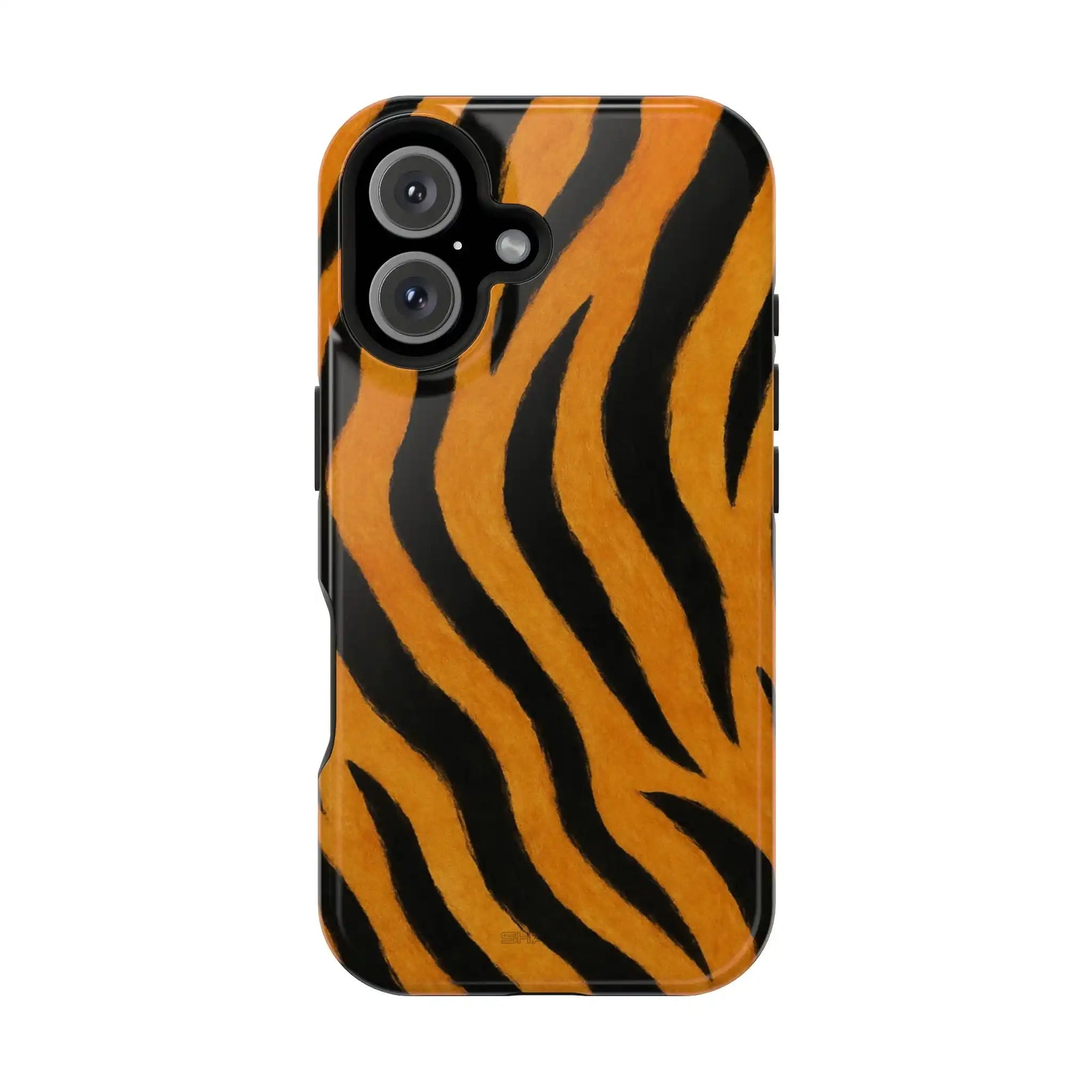 iPhone case with orange and black tiger stripe design, showing variant size for iPhone model