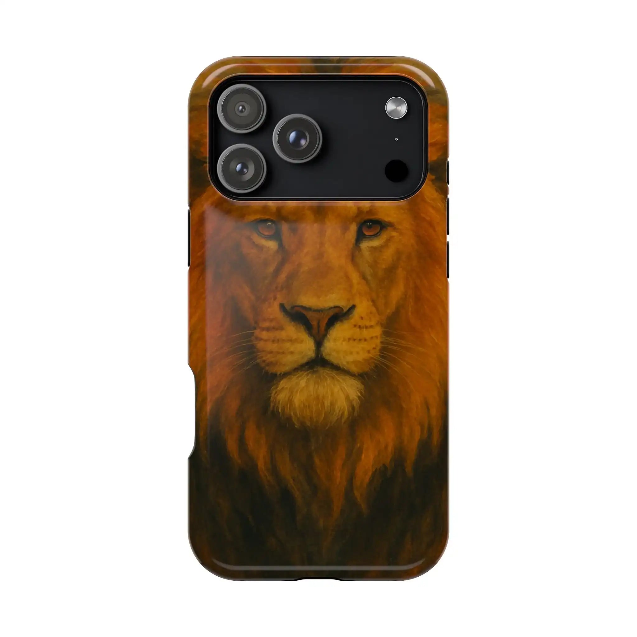 Phone case with close-up lion face artwork, designed for a triple-camera smartphone variant