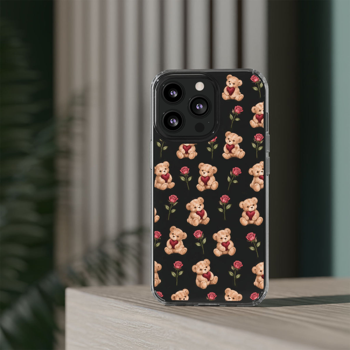 Romantic Teddy Bear Impact-Resistant Phone Case with Heart Design