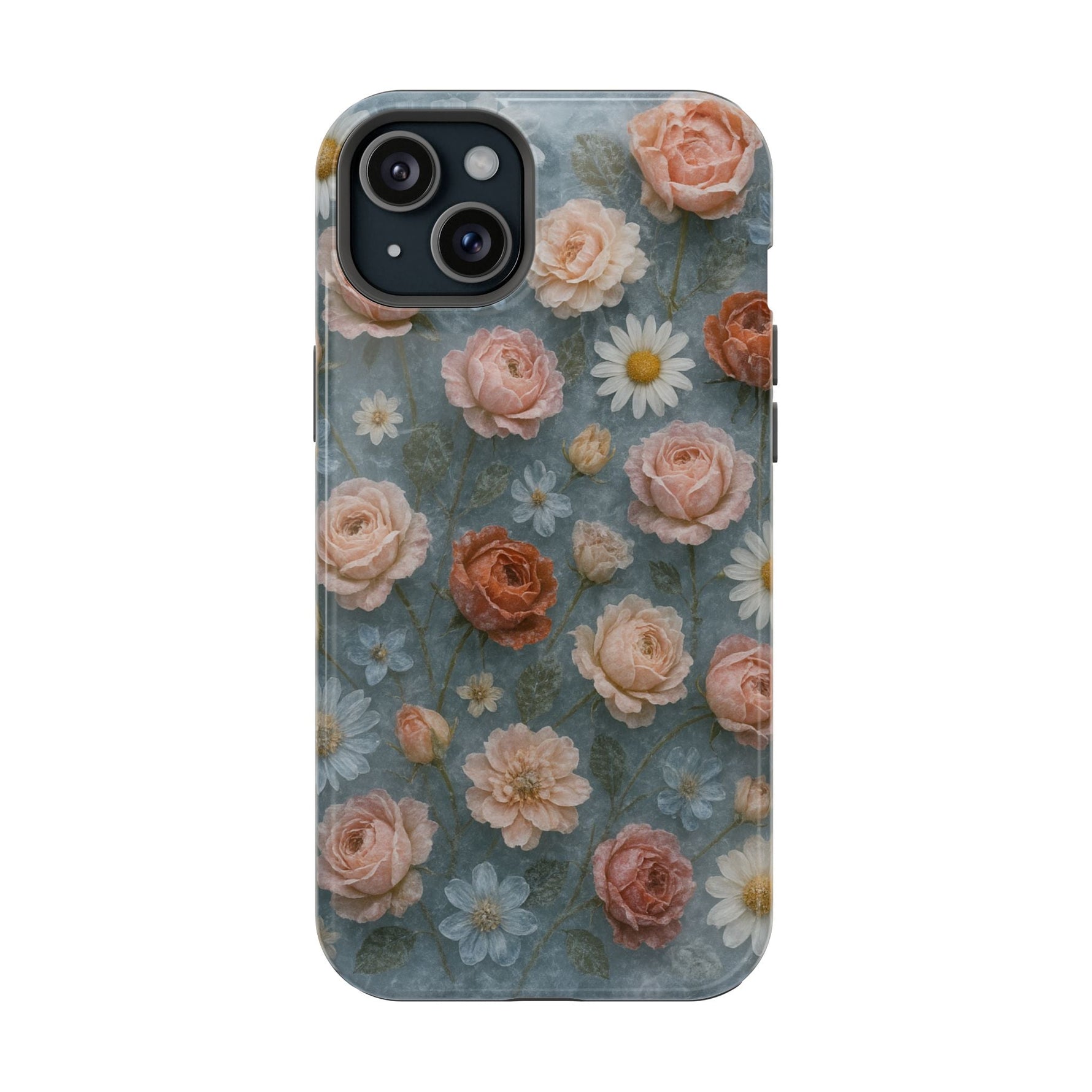 Frozen Floral Vintage Roses & Daisies iPhone Case with MagSafe compatibility  Shamo's iPhone 15 Plus / Glossy
