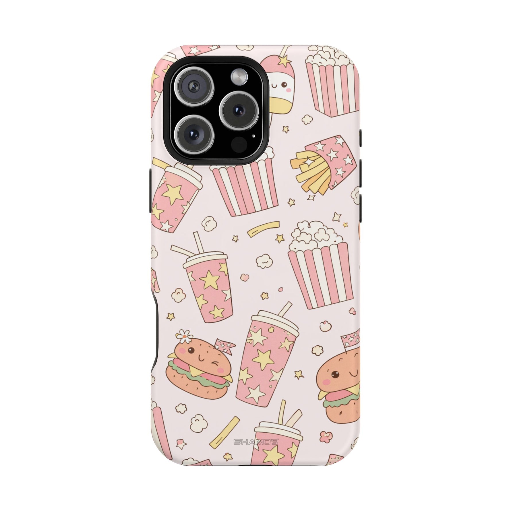 Kawaii Snack Pattern Magnetic Phone Case, Cute Popcorn, Burger & Soda Design with MagSafe Compatibility