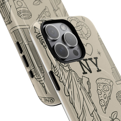 NY City Icons Tough iPhone Case — Statue of Liberty, Pizza & Taxi Pattern | Compatible with MagSafe
