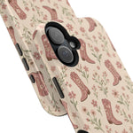 Floral Boots MagSafe Phone Case, glossy vertical dual-camera model, camera and side-button close-up