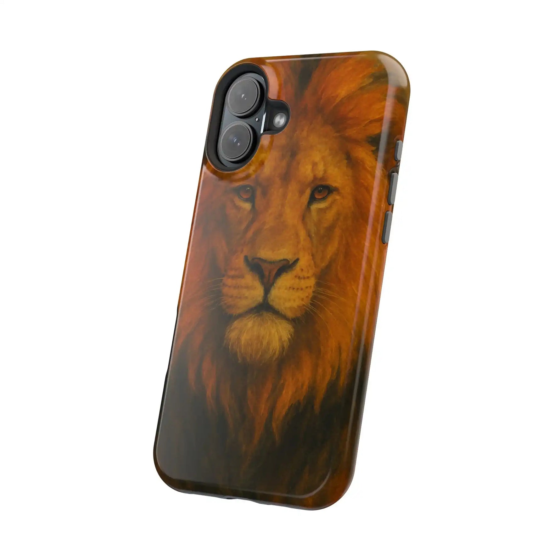 Smartphone case with detailed lion face design, showing camera and side button cutouts