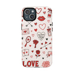 Romantic Love Doodle Tough iPhone Case ("LOVE", hearts, roses) (MagSafe compatible)  Shamo's iPhone 15 Plus / Matte