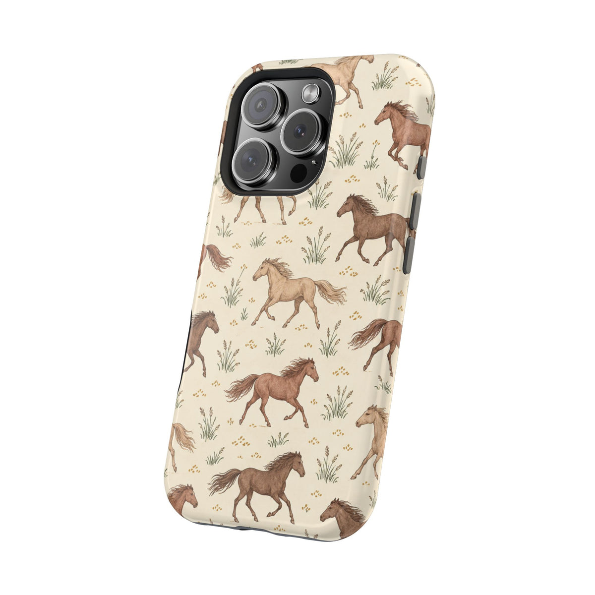 Wild Mustangs – Western Horse Pattern MagSafe Phone Case, glossy square triple-camera Pro model, angled rear view