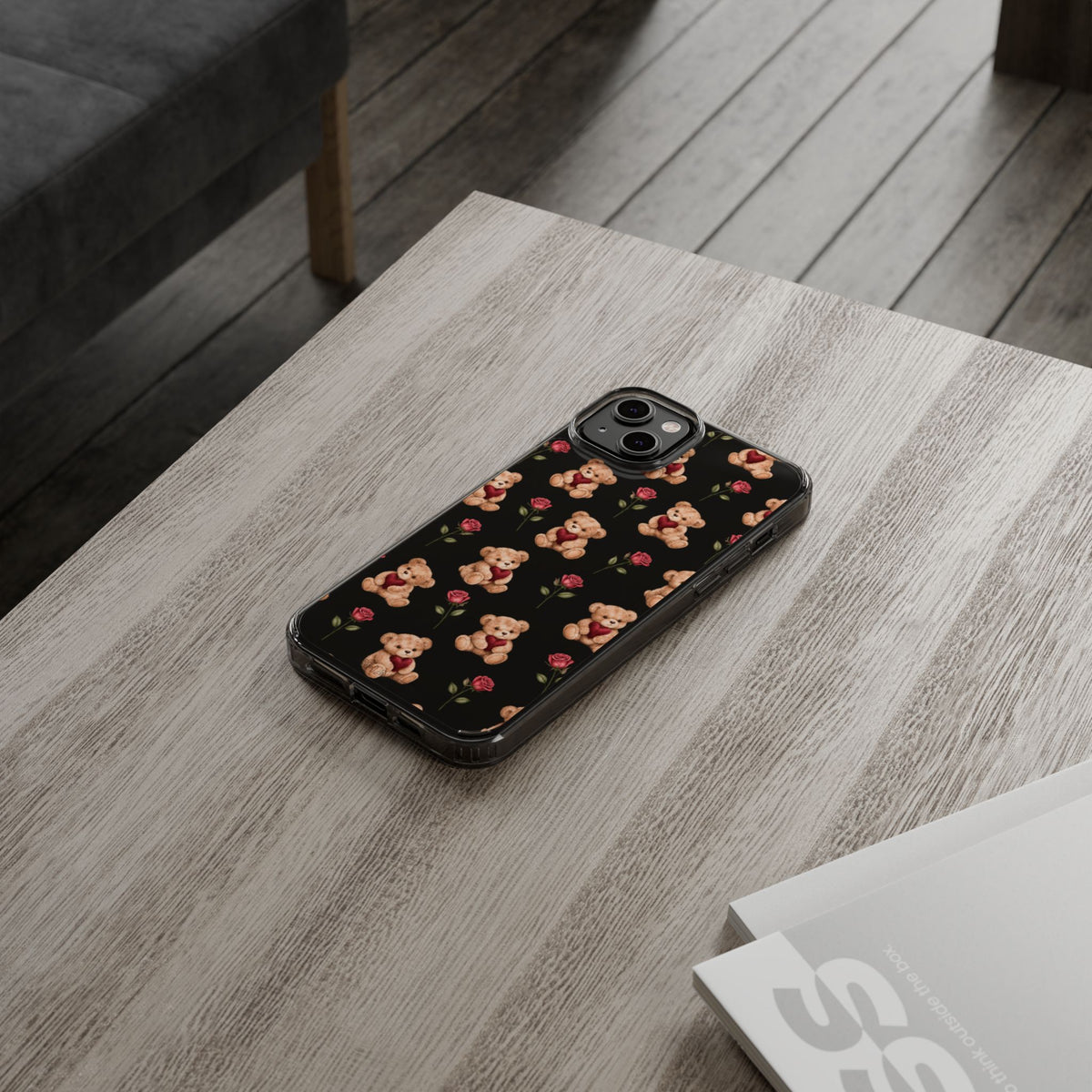 Romantic Teddy Bear Impact-Resistant Phone Case with Heart Design
