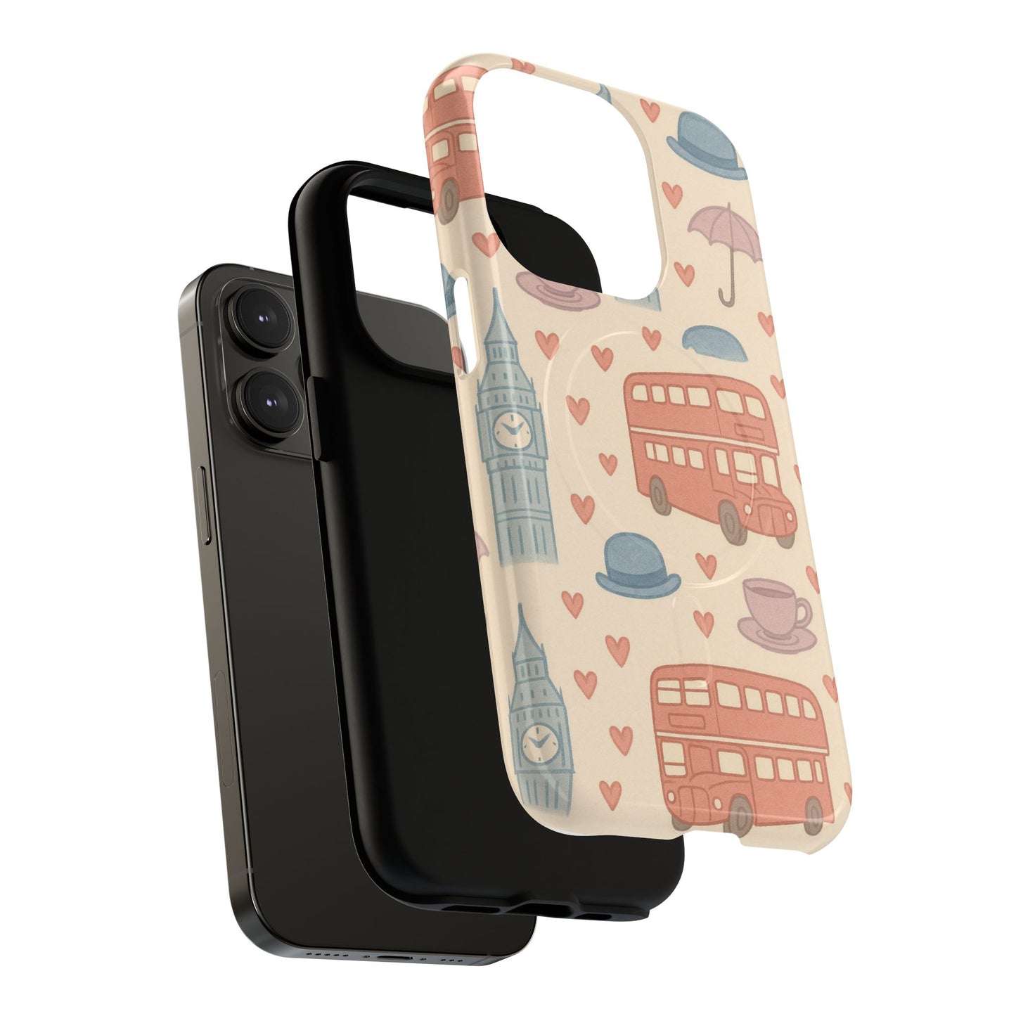 London Icons Hand-Drawn iPhone Case — Cute Double-Decker Bus & Big Ben Pattern with MagSafe compatibility