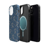 Lasso Hearts – Blue Western Heart MagSafe Phone Case, glossy diagonal dual-camera model, exploded shell and liner with magnetic ring