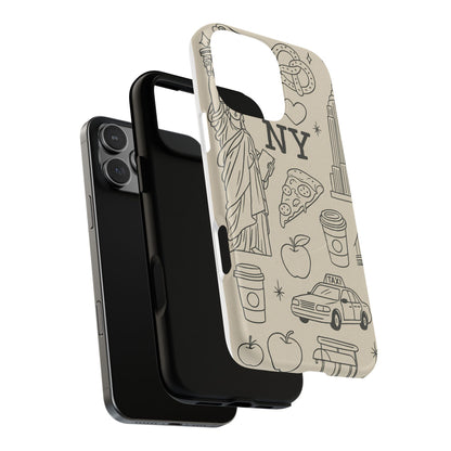 NY City Icons Tough iPhone Case — Statue of Liberty, Pizza & Taxi Pattern | Compatible with MagSafe