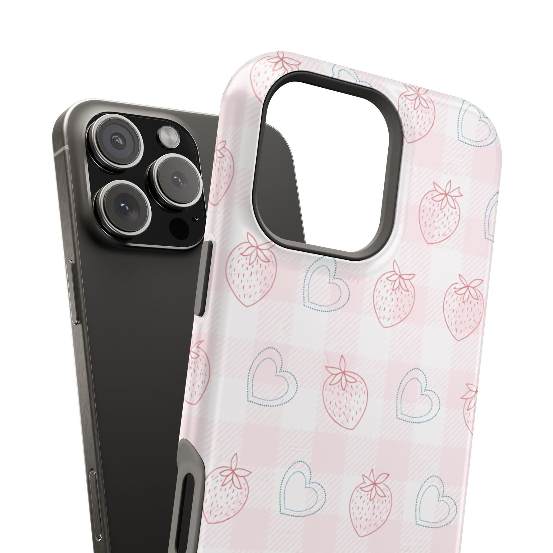 Strawberry Hearts MagSafe Compatible Phone Case | 'Paint it your way' Pink Plaid Impact-Resistant