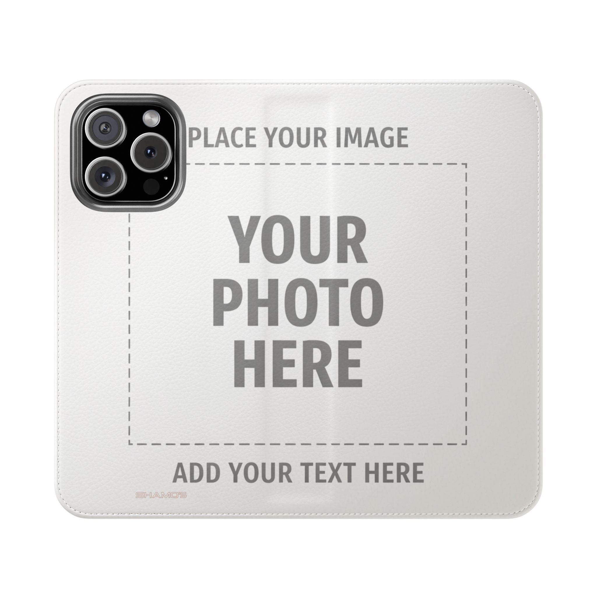 Outside of an open customizable wallet phone case with Your Photo Here and Add Your Text Here placeholders