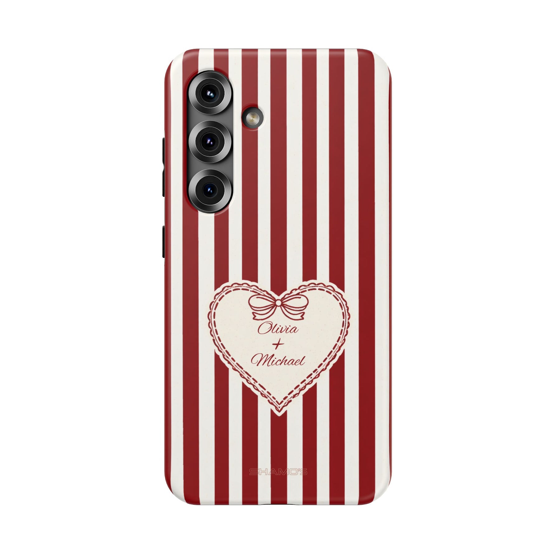 Funda personalizada a rayas — Diseño de corazón rojo y blanco (nombres personalizados)