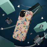 Prairie Quilt – Pastel Patchwork Pattern MagSafe Phone Case, glossy diagonal dual-camera model, rear view with magnetic accessories