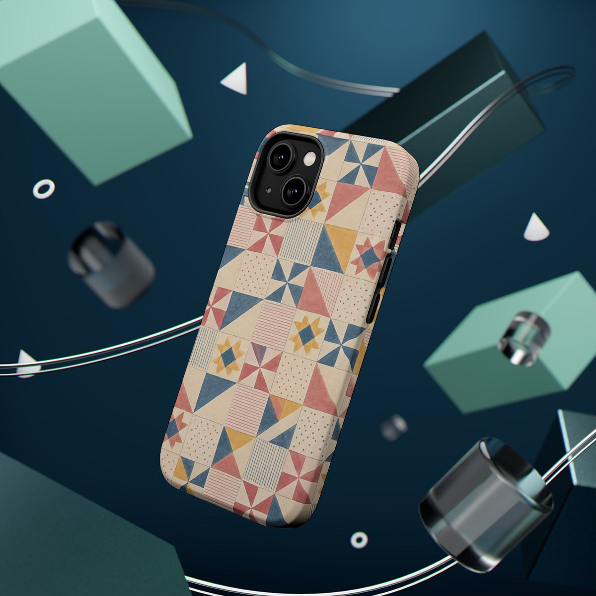 Prairie Quilt – Pastel Patchwork Pattern MagSafe Phone Case, glossy diagonal dual-camera model, rear view with magnetic accessories